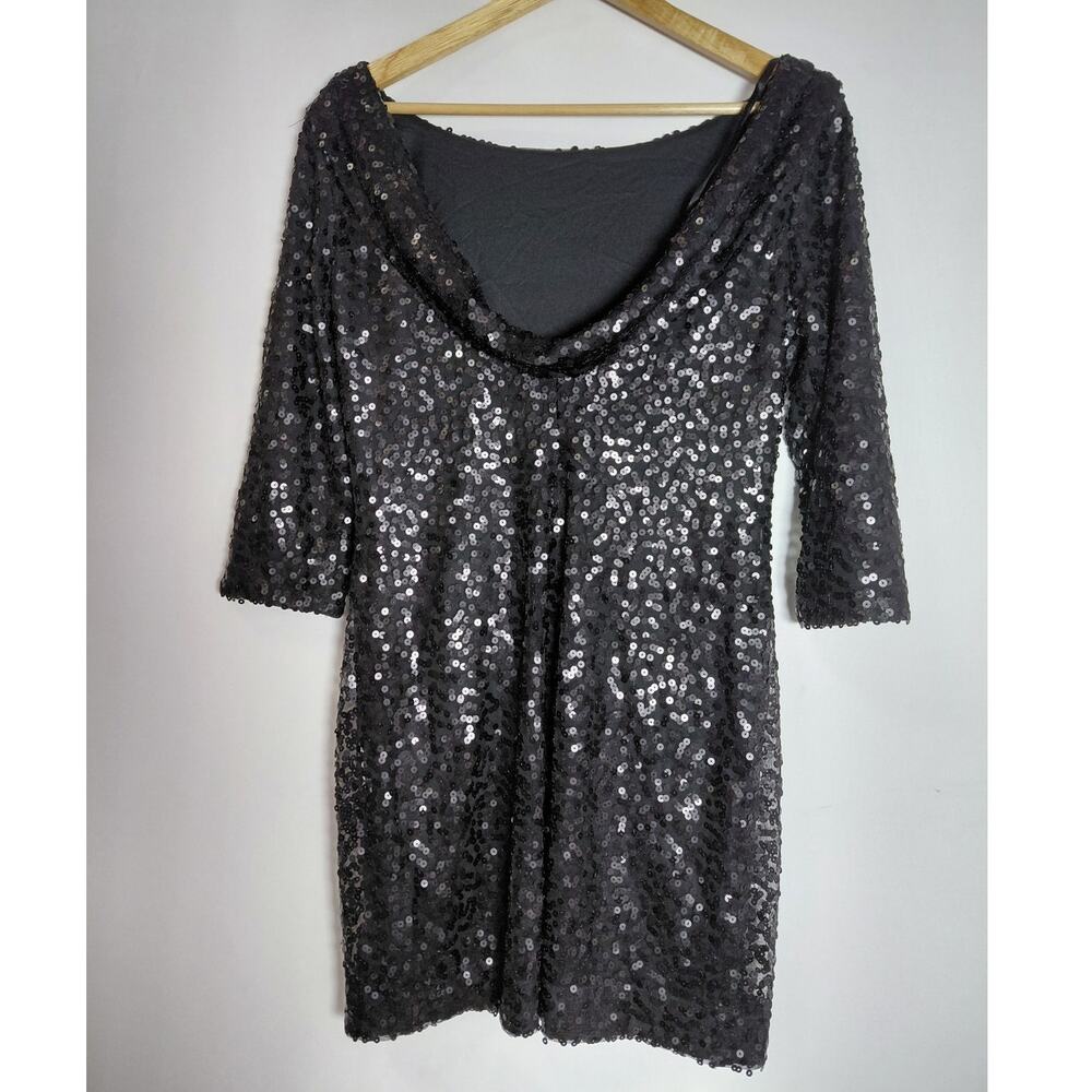 Jessica Howard Evenings Sequin Dress Black Solid 3/4 Sleeve Knee Length Size 8